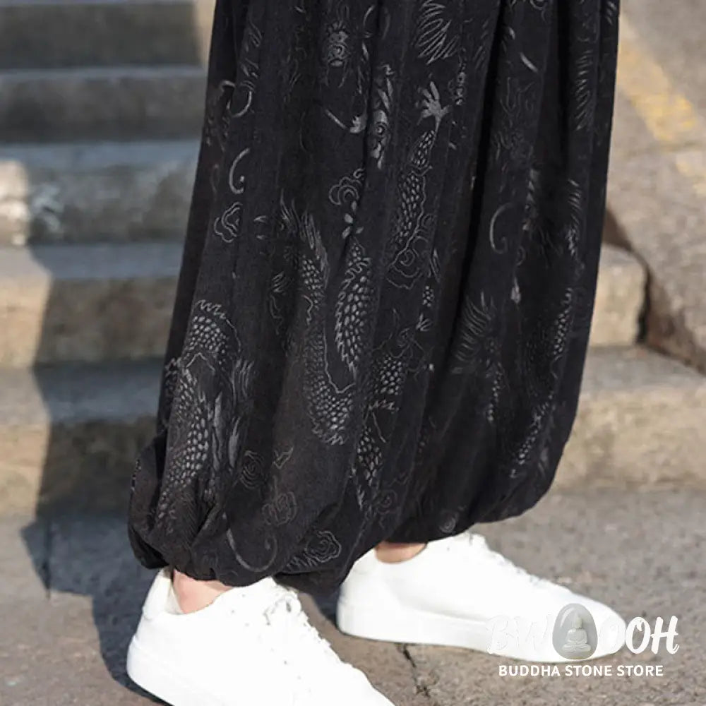 Buddha Stones Dragon Design Casual Plain Cotton Men’s Pants With Pockets - Men’s Pants