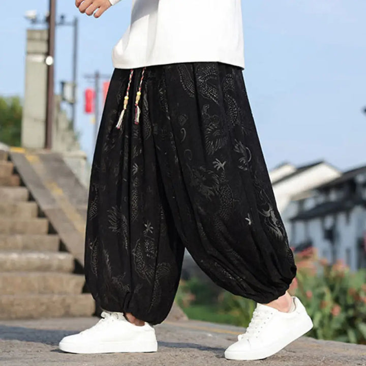 Buddha Stones Dragon Design Casual Plain Cotton Men’s Pants With Pockets - Black / US/UK/AU34，EU44 (M) - Men’s Pants