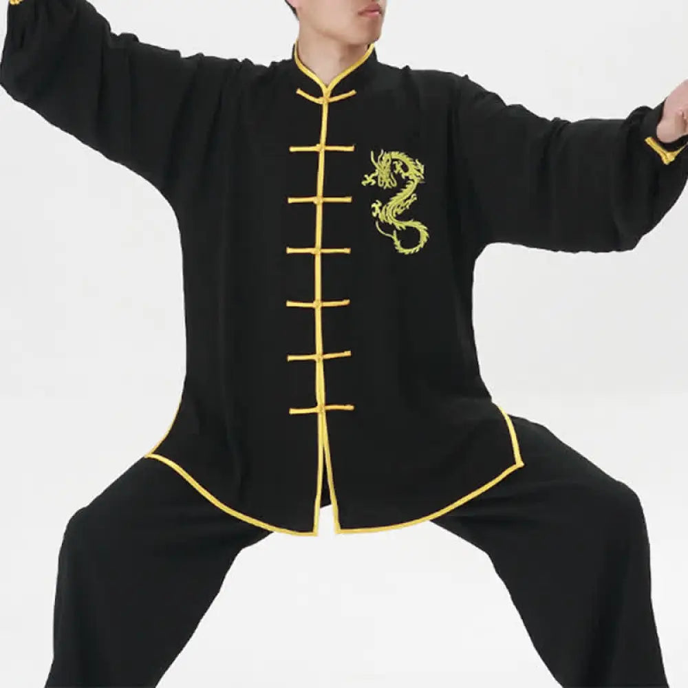 Buddha Stones Dragon Embroidered Qi Gong Zen Spiritual Practice Meditation Prayer Uniform Unisex Clothing Set - Black
