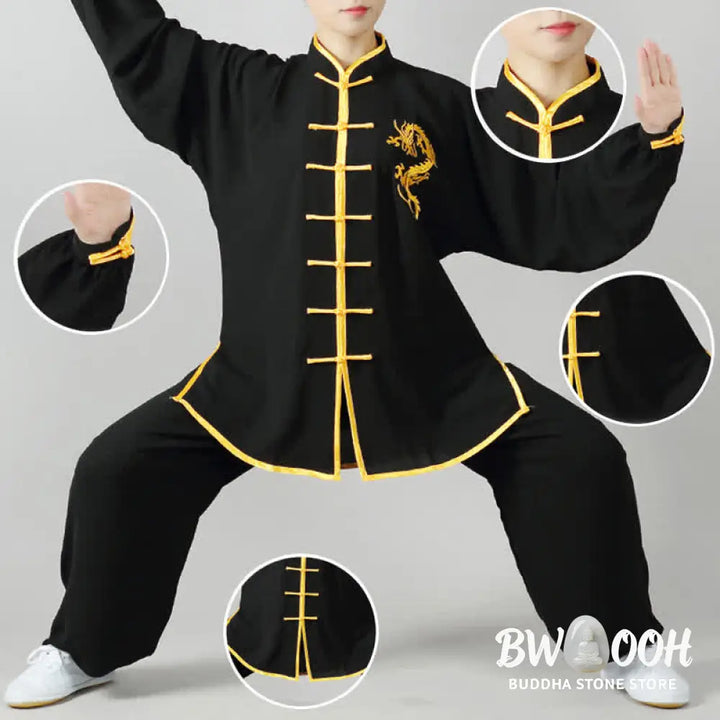 Buddha Stones Dragon Embroidered Qi Gong Zen Spiritual Practice Meditation Prayer Uniform Unisex Clothing Set - Clothes