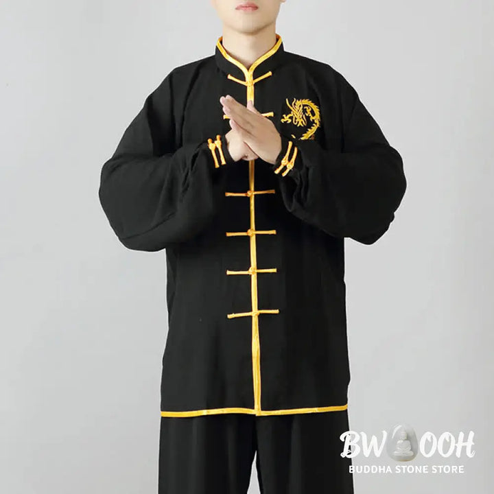 Buddha Stones Dragon Embroidered Qi Gong Zen Spiritual Practice Meditation Prayer Uniform Unisex Clothing Set - Clothes