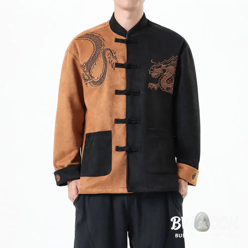 Buddha Stones Dragon Embroidery Casual Frog-button Cotton Men’s Jacket Shirt Clothing - Men’s Jacket Shirt