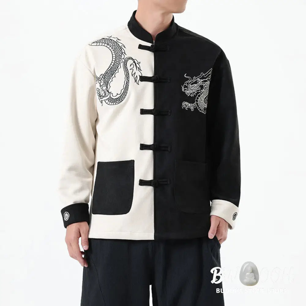 Buddha Stones Dragon Embroidery Casual Frog-button Cotton Men’s Jacket Shirt Clothing - Men’s Jacket Shirt