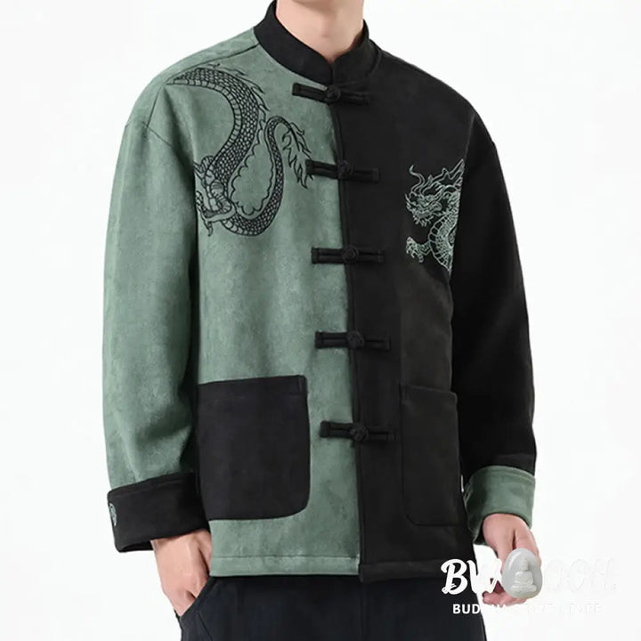 Buddha Stones Dragon Embroidery Casual Frog-button Cotton Men’s Jacket Shirt Clothing - Men’s Jacket Shirt