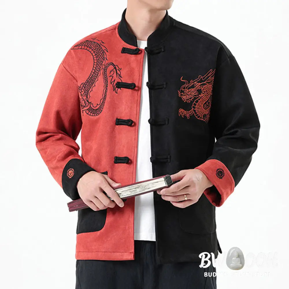Buddha Stones Dragon Embroidery Casual Frog-button Cotton Men’s Jacket Shirt Clothing - Men’s Jacket Shirt