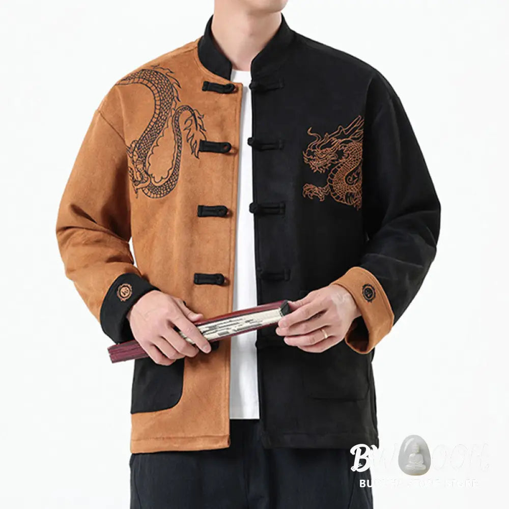 Buddha Stones Dragon Embroidery Casual Frog-button Cotton Men’s Jacket Shirt Clothing - Men’s Jacket Shirt
