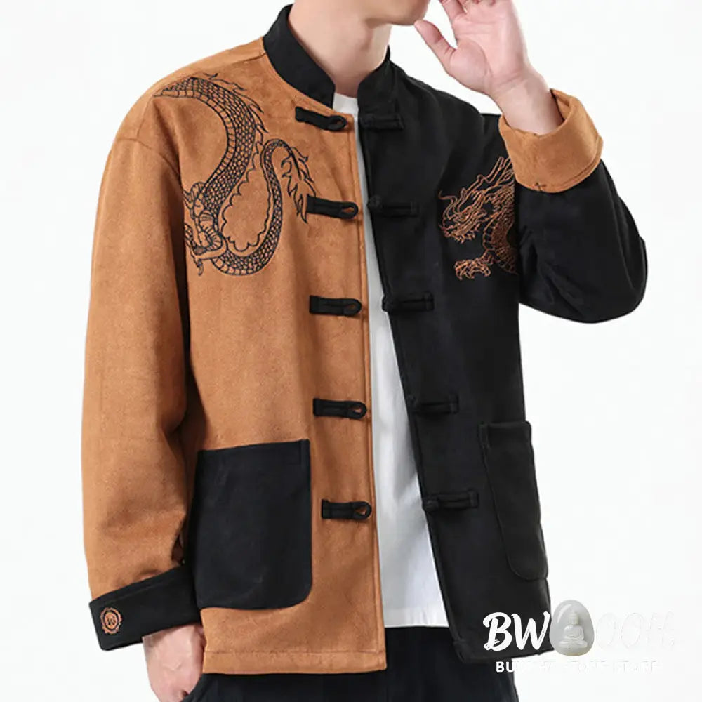 Buddha Stones Dragon Embroidery Casual Frog-button Cotton Men’s Jacket Shirt Clothing - Men’s Jacket Shirt