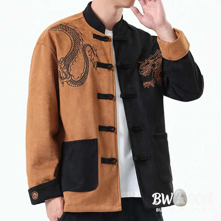 Buddha Stones Dragon Embroidery Casual Frog-button Cotton Men’s Jacket Shirt Clothing - Men’s Jacket Shirt