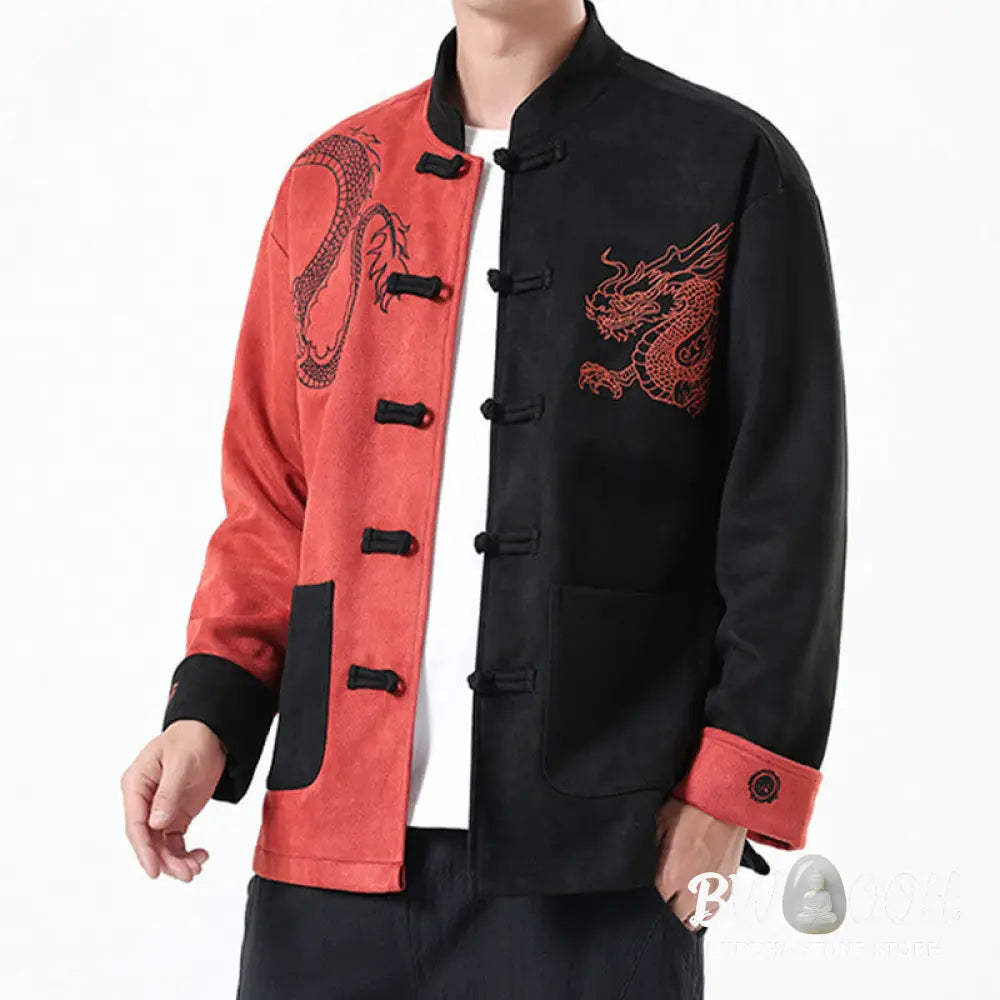 Buddha Stones Dragon Embroidery Casual Frog-button Cotton Men’s Jacket Shirt Clothing - Men’s Jacket Shirt