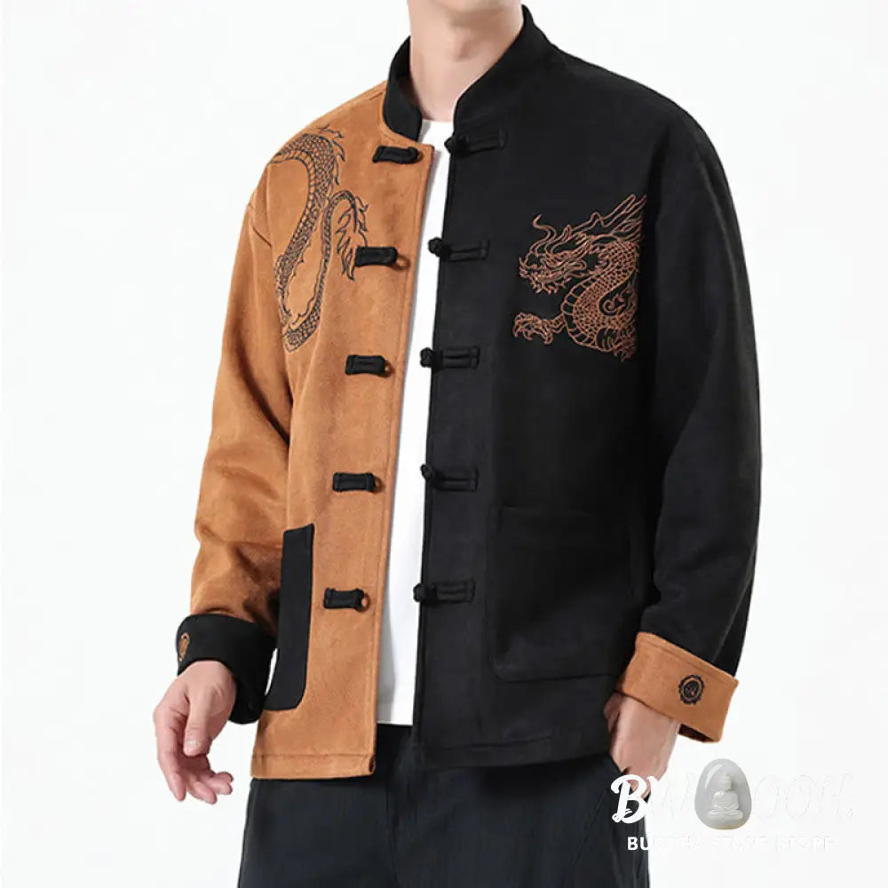 Buddha Stones Dragon Embroidery Casual Frog-button Cotton Men’s Jacket Shirt Clothing - Men’s Jacket Shirt