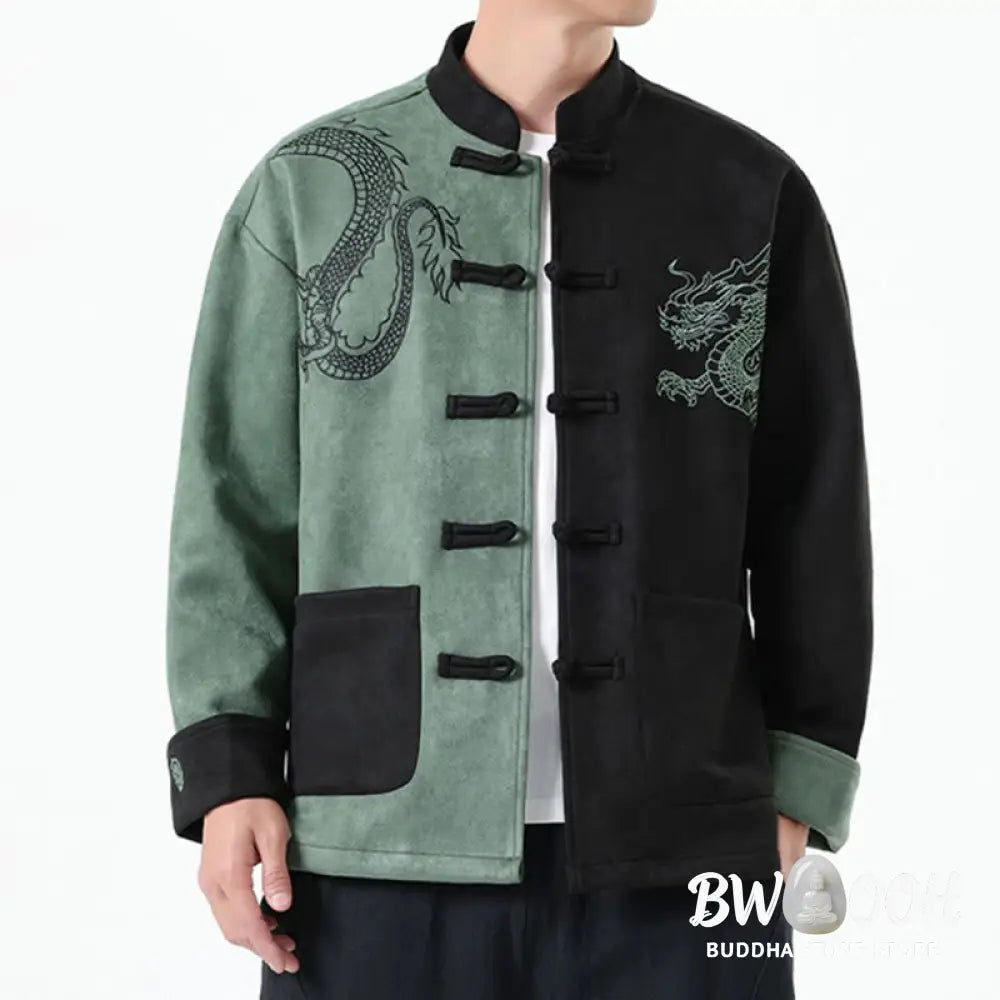 Buddha Stones Dragon Embroidery Casual Frog-button Cotton Men’s Jacket Shirt Clothing - Men’s Jacket Shirt