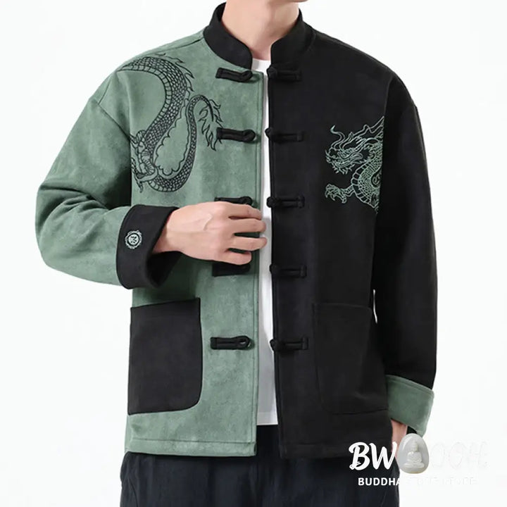 Buddha Stones Dragon Embroidery Casual Frog-button Cotton Men’s Jacket Shirt Clothing - Men’s Jacket Shirt