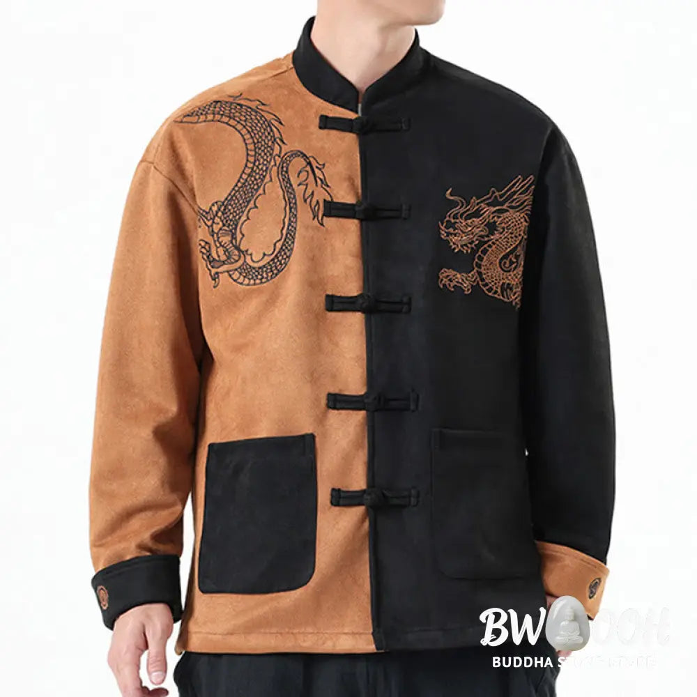 Buddha Stones Dragon Embroidery Casual Frog-button Cotton Men’s Jacket Shirt Clothing - Men’s Jacket Shirt