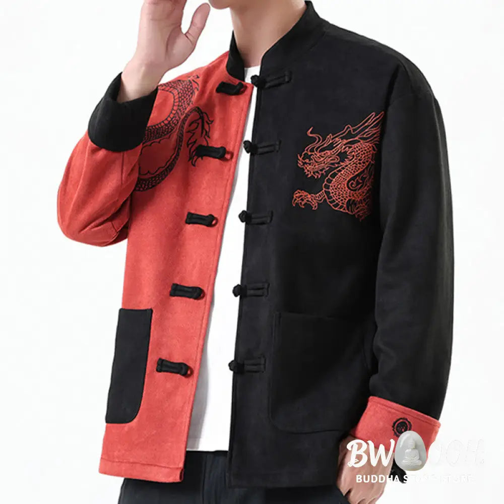 Buddha Stones Dragon Embroidery Casual Frog-button Cotton Men’s Jacket Shirt Clothing - Men’s Jacket Shirt
