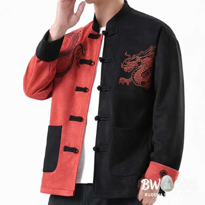 Buddha Stones Dragon Embroidery Casual Frog-button Cotton Men’s Jacket Shirt Clothing - Men’s Jacket Shirt