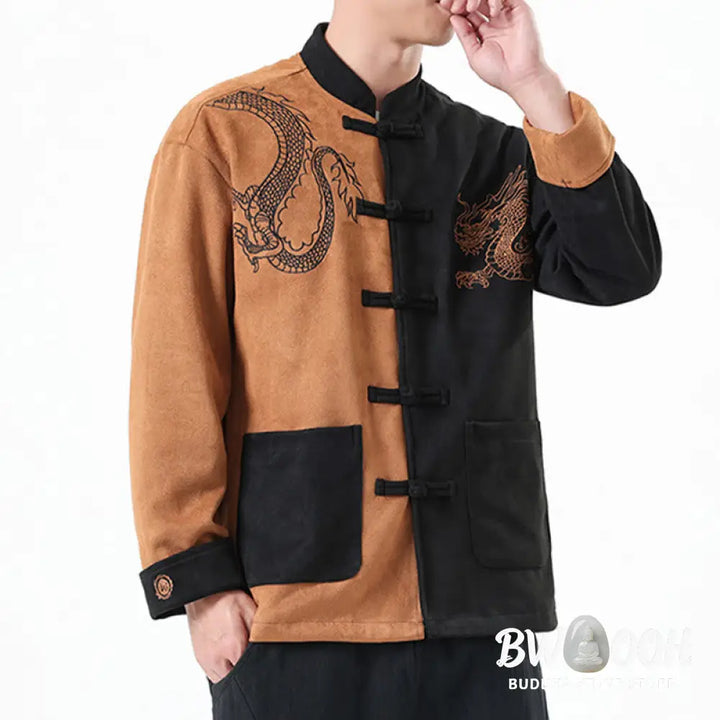 Buddha Stones Dragon Embroidery Casual Frog-button Cotton Men’s Jacket Shirt Clothing - Men’s Jacket Shirt