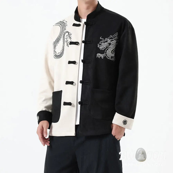 Buddha Stones Dragon Embroidery Casual Frog-button Cotton Men’s Jacket Shirt Clothing - Men’s Jacket Shirt