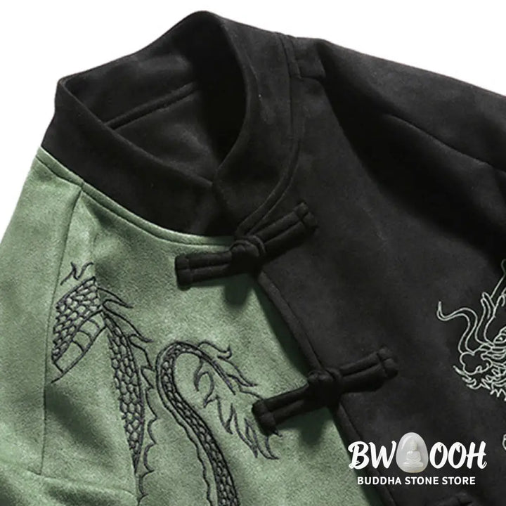 Buddha Stones Dragon Embroidery Casual Frog-button Cotton Men’s Jacket Shirt Clothing - Men’s Jacket Shirt
