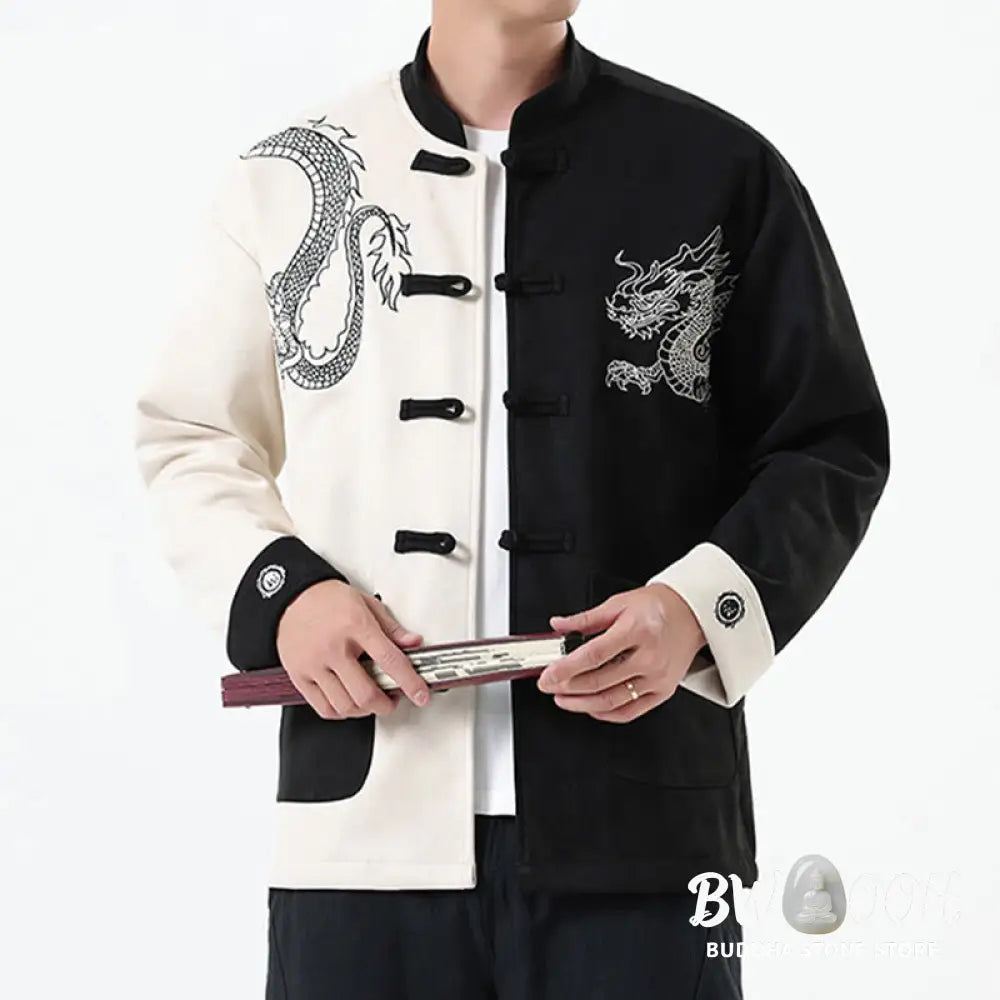 Buddha Stones Dragon Embroidery Casual Frog-button Cotton Men’s Jacket Shirt Clothing - Men’s Jacket Shirt