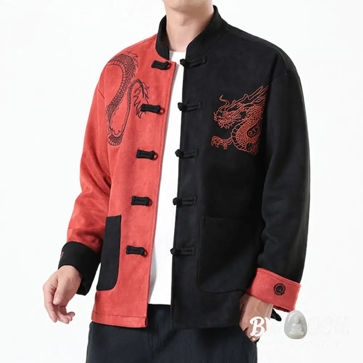 Buddha Stones Dragon Embroidery Casual Frog-button Cotton Men’s Jacket Shirt Clothing - Men’s Jacket Shirt
