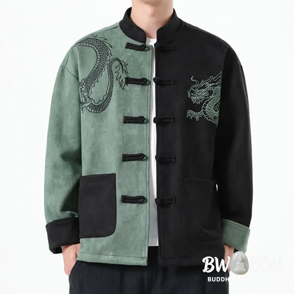 Buddha Stones Dragon Embroidery Casual Frog-button Cotton Men’s Jacket Shirt Clothing - Men’s Jacket Shirt