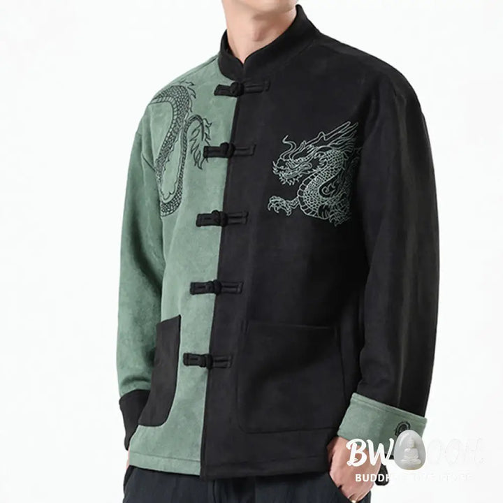 Buddha Stones Dragon Embroidery Casual Frog-button Cotton Men’s Jacket Shirt Clothing - Men’s Jacket Shirt