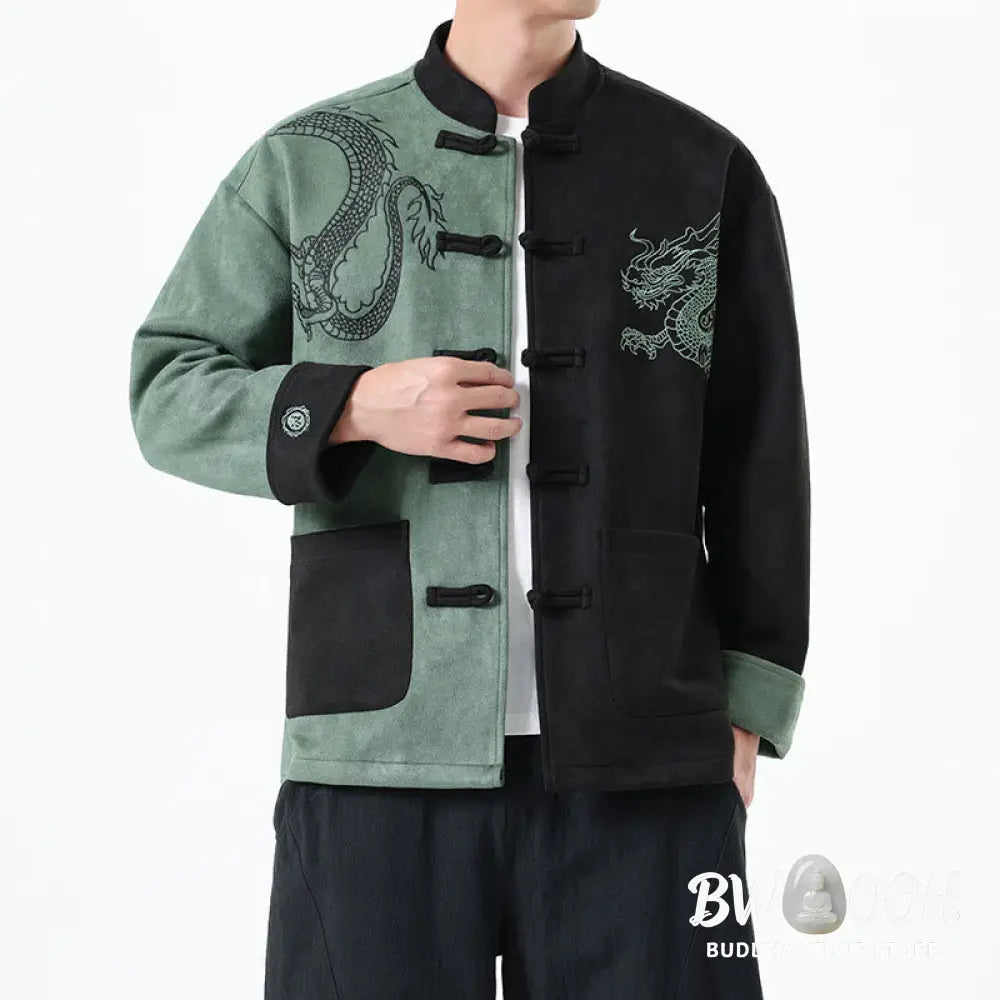 Buddha Stones Dragon Embroidery Casual Frog-button Cotton Men’s Jacket Shirt Clothing - Men’s Jacket Shirt