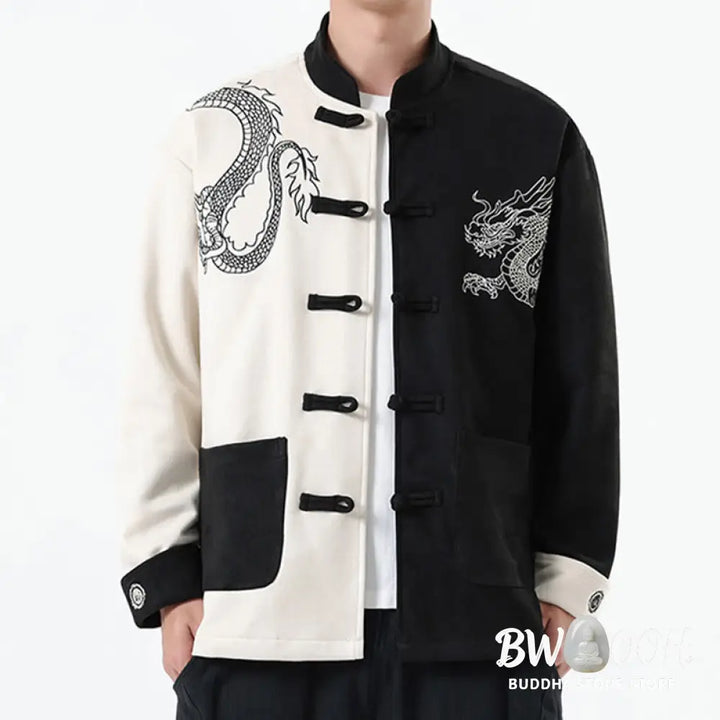 Buddha Stones Dragon Embroidery Casual Frog-button Cotton Men’s Jacket Shirt Clothing - Men’s Jacket Shirt