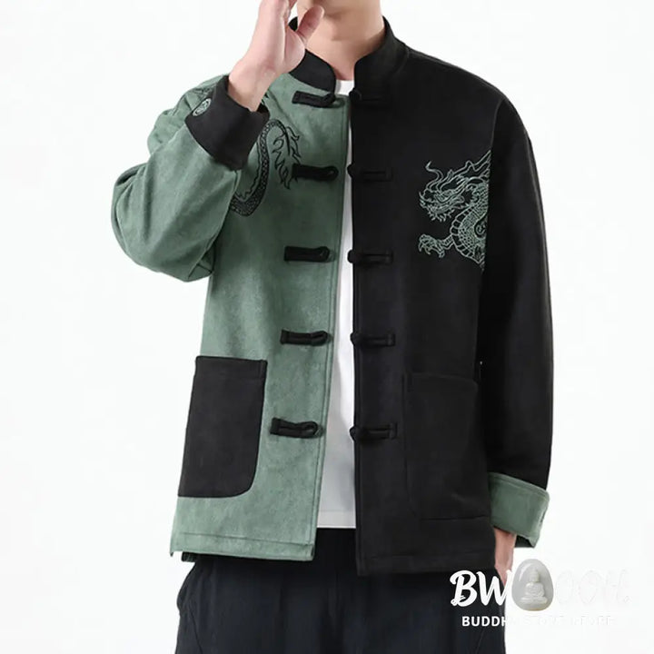Buddha Stones Dragon Embroidery Casual Frog-button Cotton Men’s Jacket Shirt Clothing - Men’s Jacket Shirt