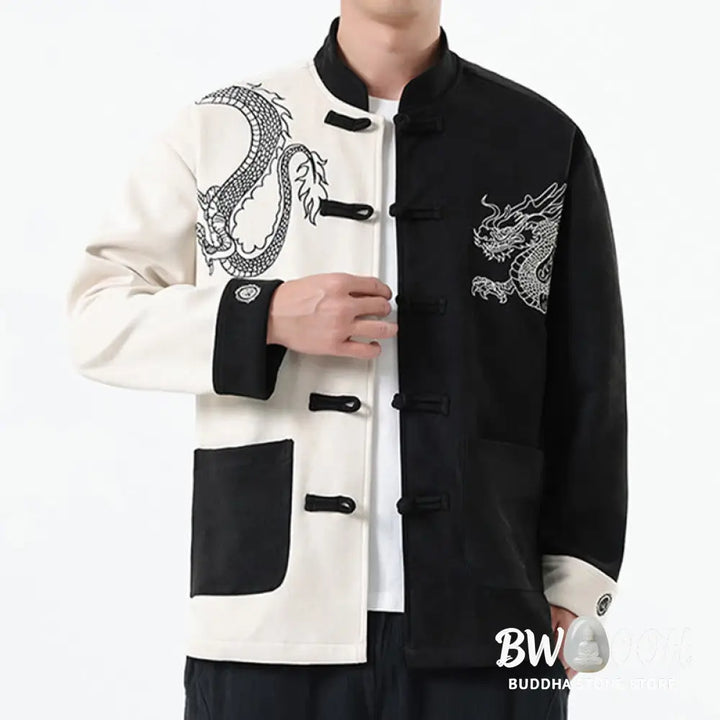 Buddha Stones Dragon Embroidery Casual Frog-button Cotton Men’s Jacket Shirt Clothing - Men’s Jacket Shirt