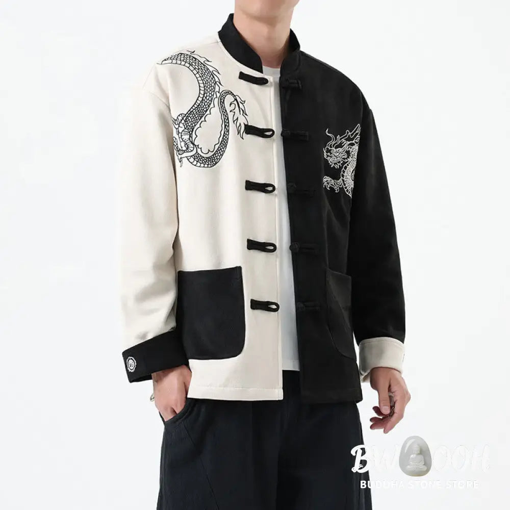 Buddha Stones Dragon Embroidery Casual Frog-button Cotton Men’s Jacket Shirt Clothing - Men’s Jacket Shirt
