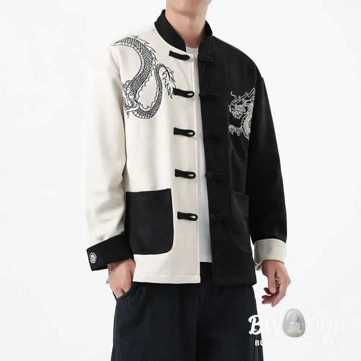 Buddha Stones Dragon Embroidery Casual Frog-button Cotton Men’s Jacket Shirt Clothing - Men’s Jacket Shirt