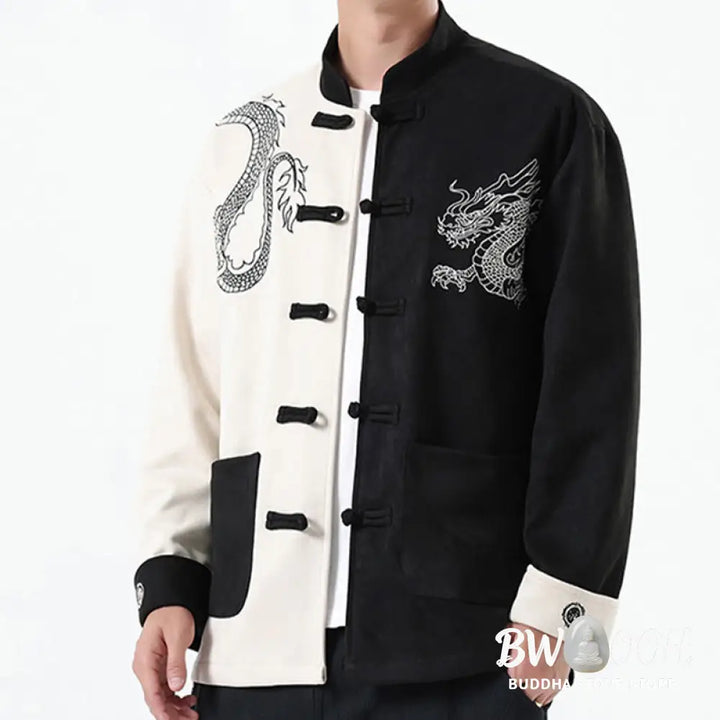 Buddha Stones Dragon Embroidery Casual Frog-button Cotton Men’s Jacket Shirt Clothing - Men’s Jacket Shirt