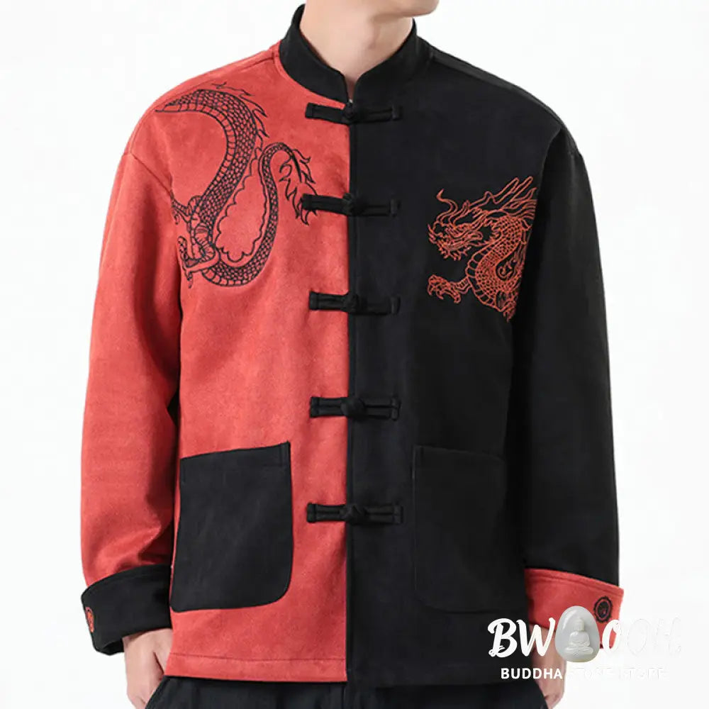 Buddha Stones Dragon Embroidery Casual Frog-button Cotton Men’s Jacket Shirt Clothing - Men’s Jacket Shirt