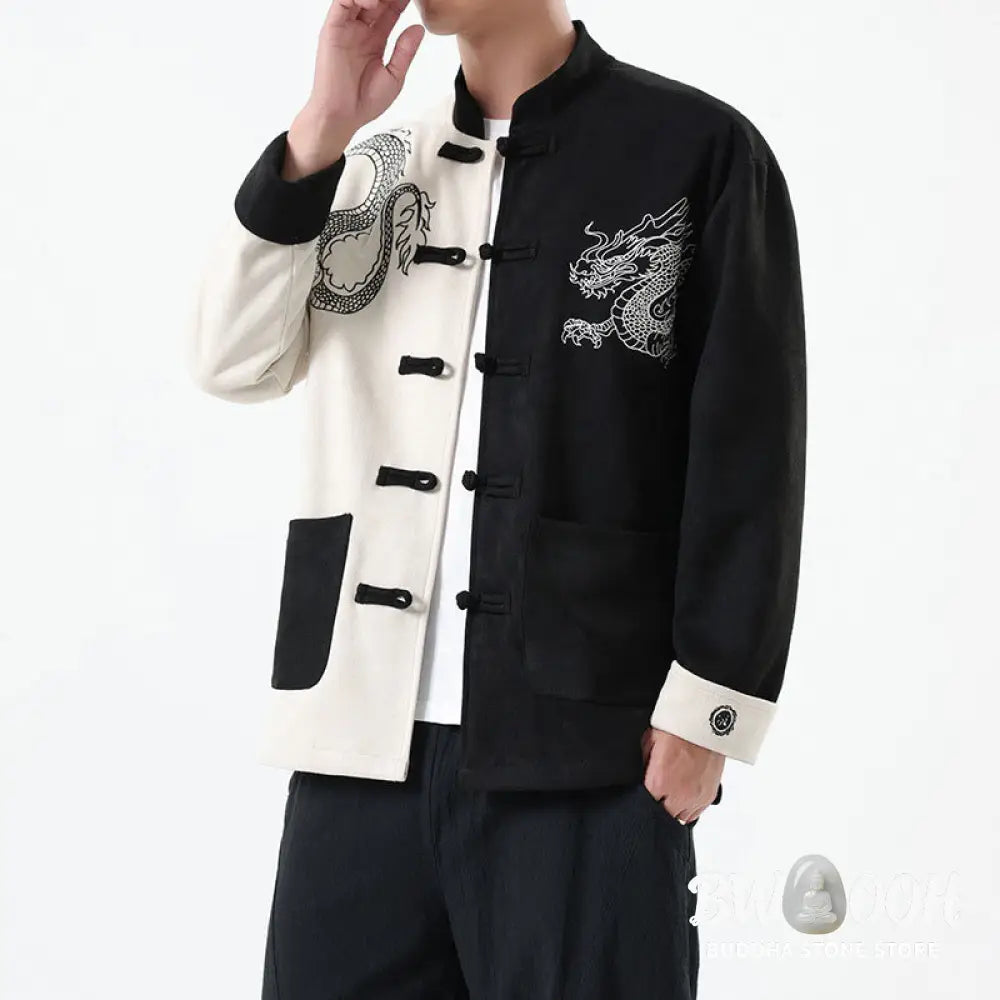Buddha Stones Dragon Embroidery Casual Frog-button Cotton Men’s Jacket Shirt Clothing - Men’s Jacket Shirt