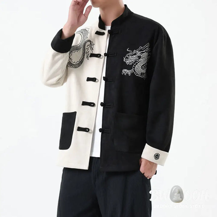 Buddha Stones Dragon Embroidery Casual Frog-button Cotton Men’s Jacket Shirt Clothing - Men’s Jacket Shirt