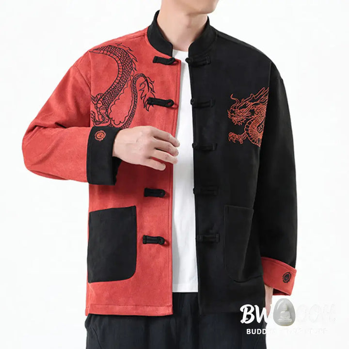 Buddha Stones Dragon Embroidery Casual Frog-button Cotton Men’s Jacket Shirt Clothing - Men’s Jacket Shirt