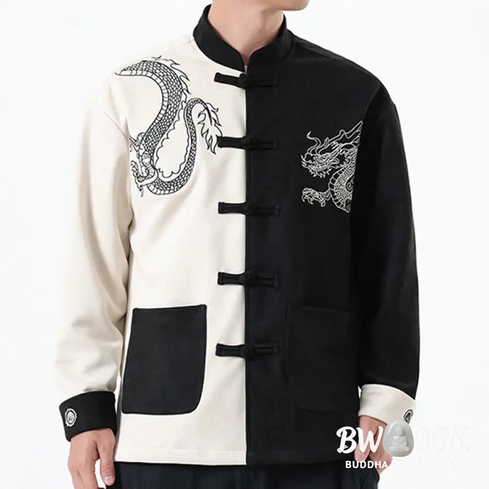 Buddha Stones Dragon Embroidery Casual Frog-button Cotton Men’s Jacket Shirt Clothing - Men’s Jacket Shirt