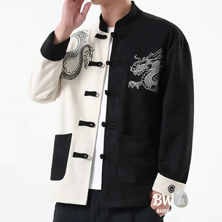 Buddha Stones Dragon Embroidery Casual Frog-button Cotton Men’s Jacket Shirt Clothing - Men’s Jacket Shirt