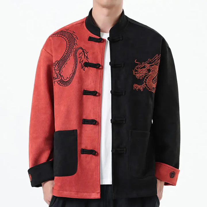 Buddha Stones Dragon Embroidery Casual Frog-button Cotton Men’s Jacket Shirt Clothing - LightCoral / US/UK/AU34，EU44