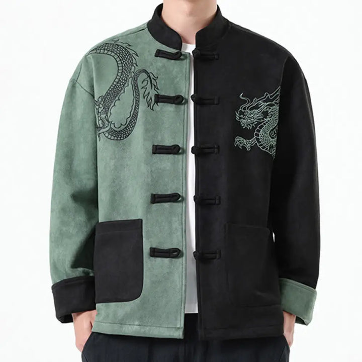 Buddha Stones Dragon Embroidery Casual Frog-button Cotton Men’s Jacket Shirt Clothing - MediumSeaGreen