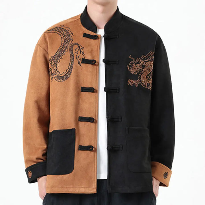 Buddha Stones Dragon Embroidery Casual Frog-button Cotton Men’s Jacket Shirt Clothing - SandyBrown / US/UK/AU34，EU44