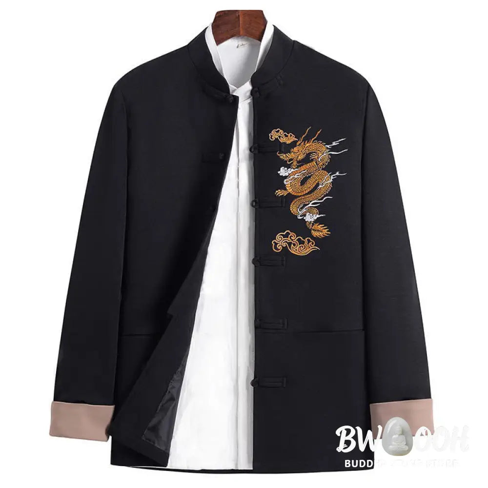 Buddha Stones Dragon Embroidery Frog-button Polyester Men’s Jacket Shirt Clothing With Pockets - Men’s Jacket Shirt