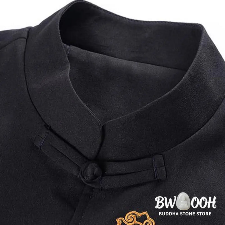 Buddha Stones Dragon Embroidery Frog-button Polyester Men’s Jacket Shirt Clothing With Pockets - Men’s Jacket Shirt