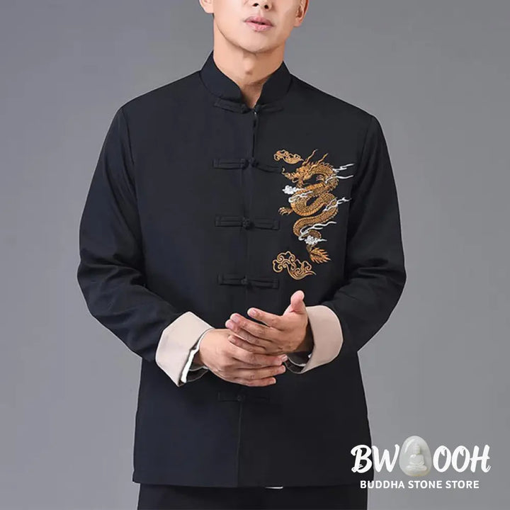 Buddha Stones Dragon Embroidery Frog-button Polyester Men’s Jacket Shirt Clothing With Pockets - Men’s Jacket Shirt