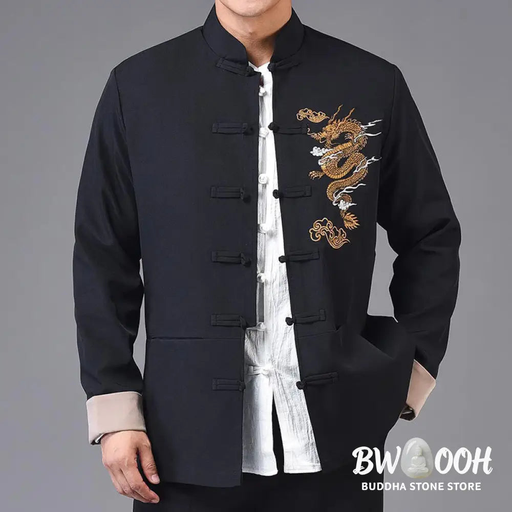 Buddha Stones Dragon Embroidery Frog-button Polyester Men’s Jacket Shirt Clothing With Pockets - Men’s Jacket Shirt