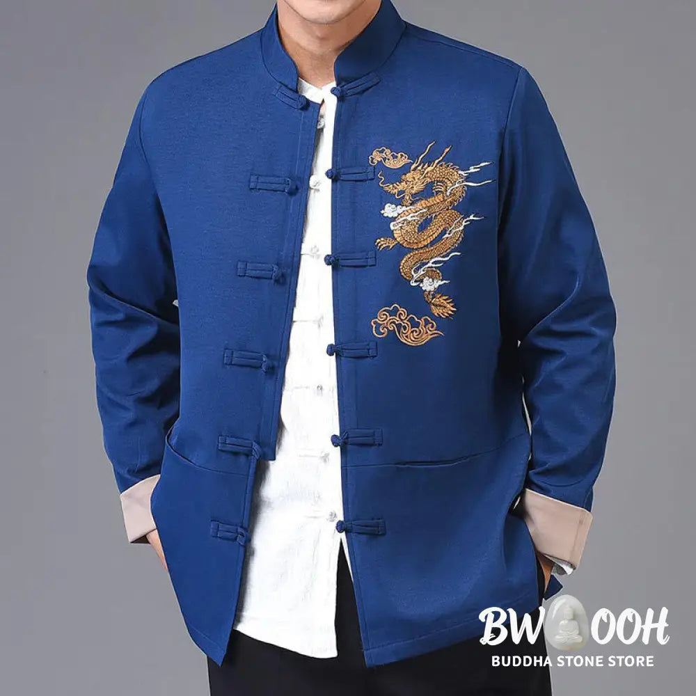 Buddha Stones Dragon Embroidery Frog-button Polyester Men’s Jacket Shirt Clothing With Pockets - Men’s Jacket Shirt