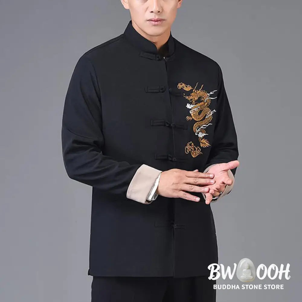 Buddha Stones Dragon Embroidery Frog-button Polyester Men’s Jacket Shirt Clothing With Pockets - Men’s Jacket Shirt