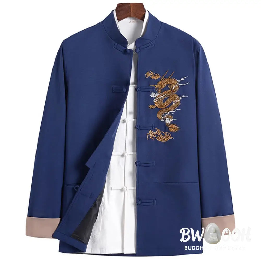 Buddha Stones Dragon Embroidery Frog-button Polyester Men’s Jacket Shirt Clothing With Pockets - Men’s Jacket Shirt