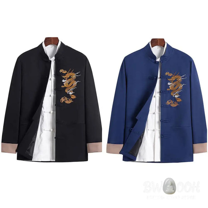 Buddha Stones Dragon Embroidery Frog-button Polyester Men’s Jacket Shirt Clothing With Pockets - Men’s Jacket Shirt